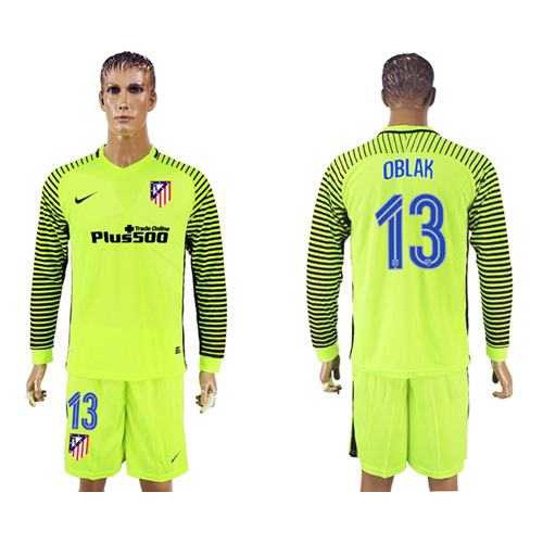 Atletico Madrid #13 Oblak Shiny Green Goalkeeper Long Sleeves Soccer Club Jersey