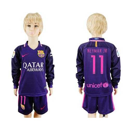 Barcelona #11 Neymar Jr Away Long Sleeves Kid Soccer Club Jersey