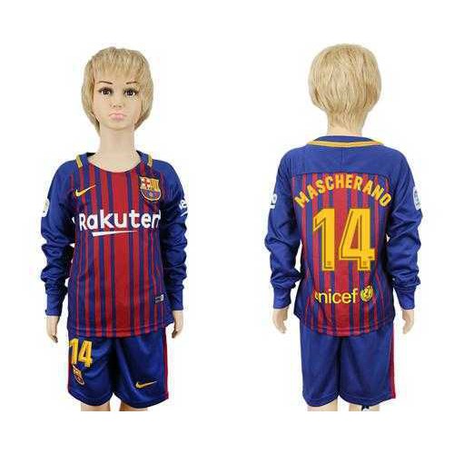Barcelona #14 Mascherano Home Long Sleeves Kid Soccer Club Jersey