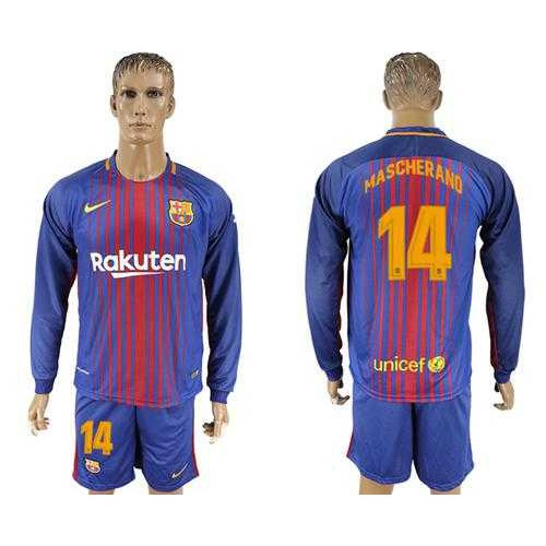 Barcelona #14 Mascherano Home Long Sleeves Soccer Club Jersey