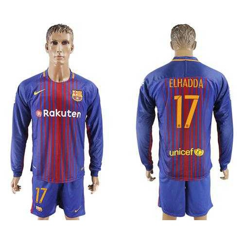 Barcelona #17 Elhadda Home Long Sleeves Soccer Club Jersey
