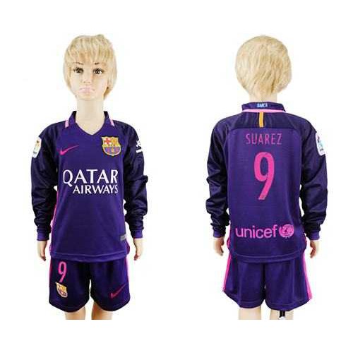 Barcelona #9 Suarez Away Long Sleeves Kid Soccer Club Jersey