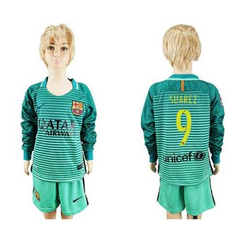 Barcelona #9 Suarez Sec Away Long Sleeves Kid Soccer Club Jersey
