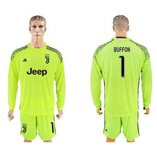 Juventus #1 Buffon Shiny Green Goalkeeper Long Sleeves Soccer Club Jersey