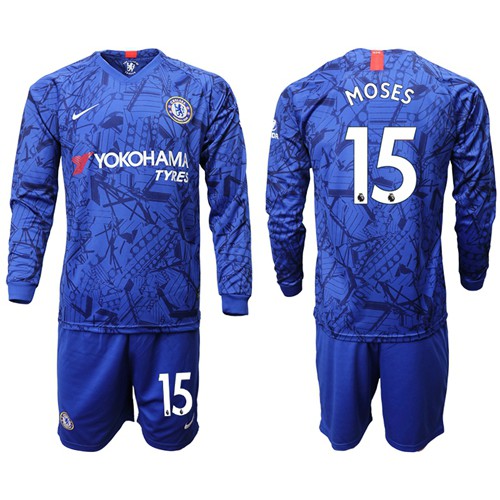 Chelsea #15 Moses Home Long Sleeves Soccer Club Jersey
