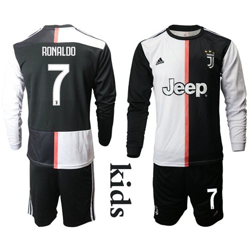 Juventus #7 Ronaldo Home Long Sleeves Kid Soccer Club Jersey