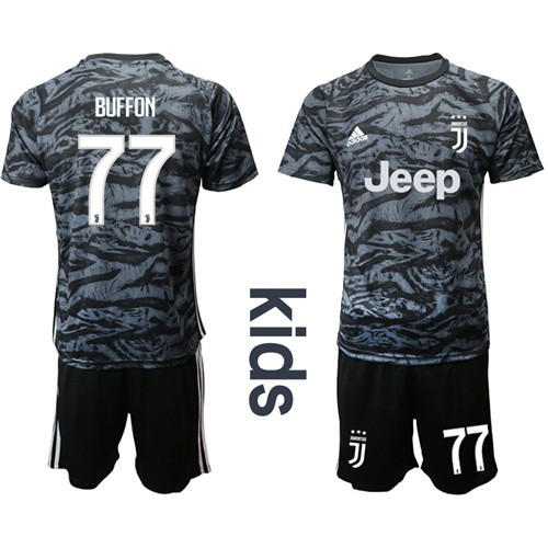 Juventus #77 Buffon Black Goalkeeper Kid Soccer Club Jersey
