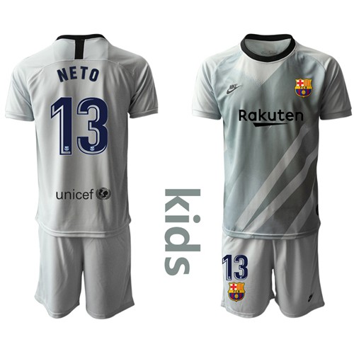 Barcelona #13 Neto Grey Goalkeeper Kid Soccer Club Jersey