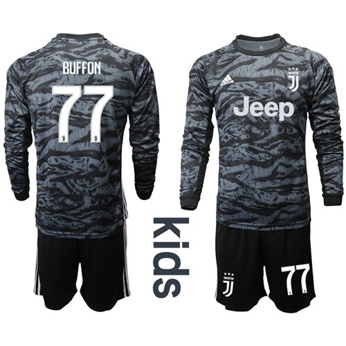 Juventus #77 Buffon Black Goalkeeper Long Sleeves Kid Soccer Club Jersey