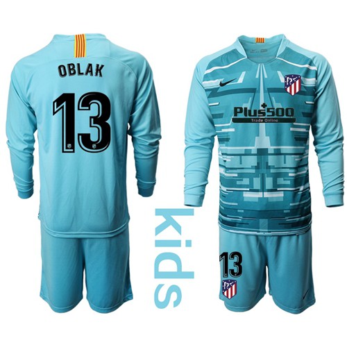 Atletico Madrid #13 Oblak Blue Goalkeeper Long Sleeves Kid Soccer Club Jersey