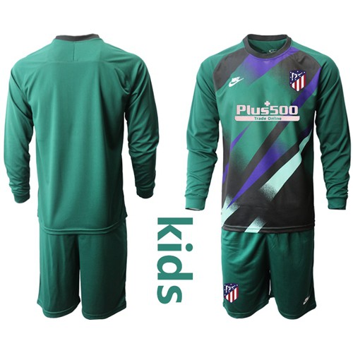 Atletico Madrid Blank Green Goalkeeper Long Sleeves Kid Soccer Club Jersey