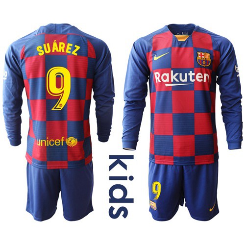 Barcelona #9 Suarez Home Long Sleeves Kid Soccer Club Jersey