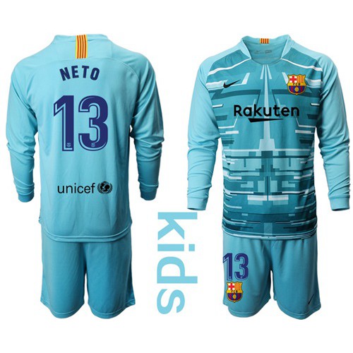 Barcelona #13 Neto Light Blue Goalkeeper Long Sleeves Kid Soccer Club Jersey