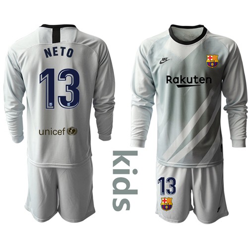 Barcelona #13 Neto Grey Goalkeeper Long Sleeves Kid Soccer Club Jersey