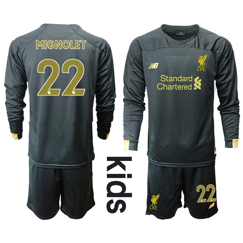 Liverpool #22 Mignolet Black Goalkeeper Long Sleeves Kid Soccer Club Jersey