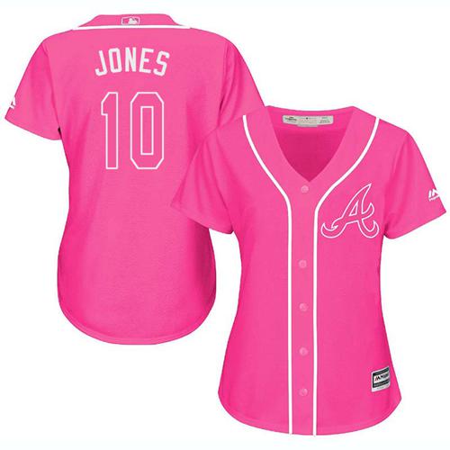 Atlanta Braves #10 Chipper Jones Pink Fashion Women's Stitched MLB