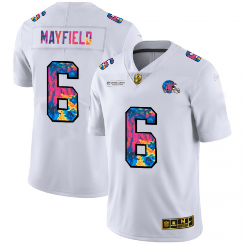 Cleveland Browns #6 Baker Mayfield Men’s White Nike Multi-Color 2020 NFL Crucial Catch Limited NFL Jersey