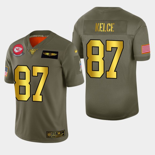 Kansas City Chiefs #87 Travis Kelce Men’s Nike Olive Gold 2019 Salute to Service Limited NFL 100 Jersey
