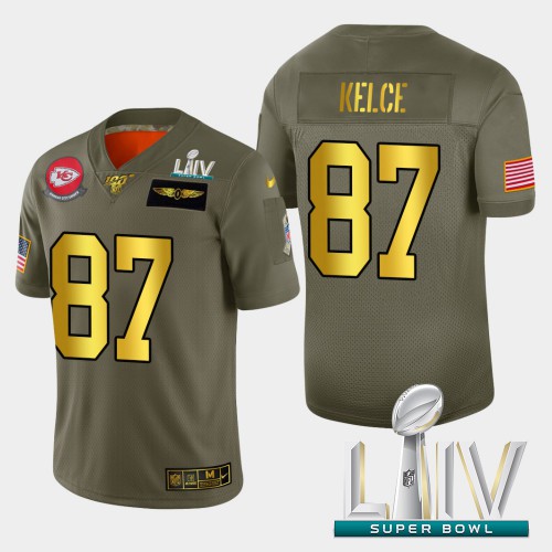 Kansas City Chiefs #87 Travis Kelce Men’s Nike Olive Gold Super Bowl LIV 2020 2019 Salute to Service Limited NFL 100 Jersey