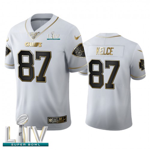 Kansas City Chiefs #87 Travis Kelce Men’s Nike White Golden Super Bowl LIV 2020 Edition Vapor Limited NFL 100 Jersey