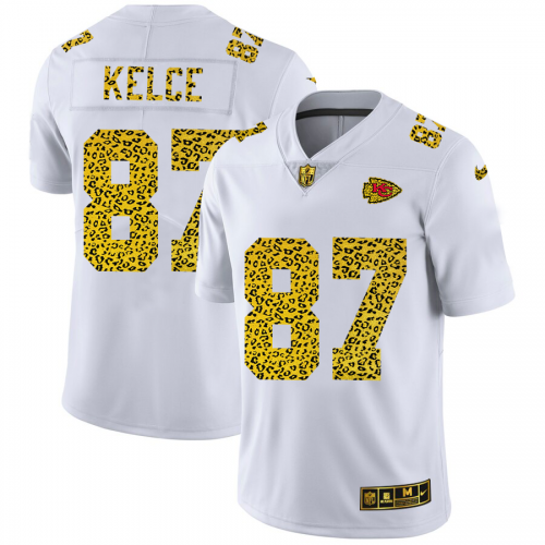 Kansas City Chiefs #87 Travis Kelce Men’s Nike Flocked Leopard Print Vapor Limited NFL Jersey White