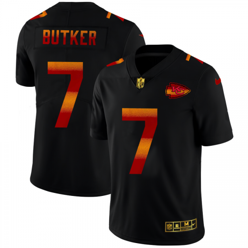 Kansas City Chiefs #7 Harrison Butker Men’s Black Nike Red Orange Stripe Vapor Limited NFL Jersey