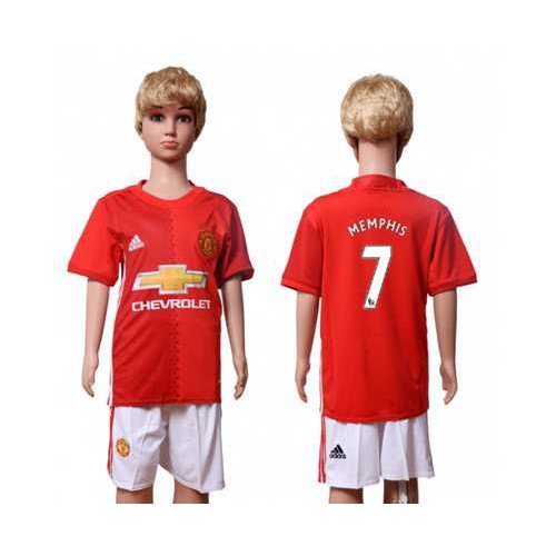 Manchester United #7 Memphis Home Kid Soccer Club Jersey