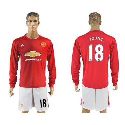 Manchester United #18 Young Red Home Long Sleeves Soccer Club Jersey