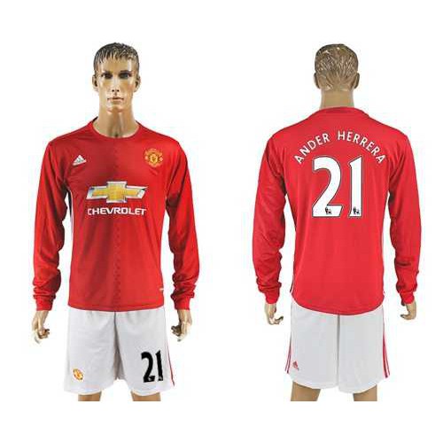 Manchester United #21 Ander Herrera Red Home Long Sleeves Soccer Club Jersey