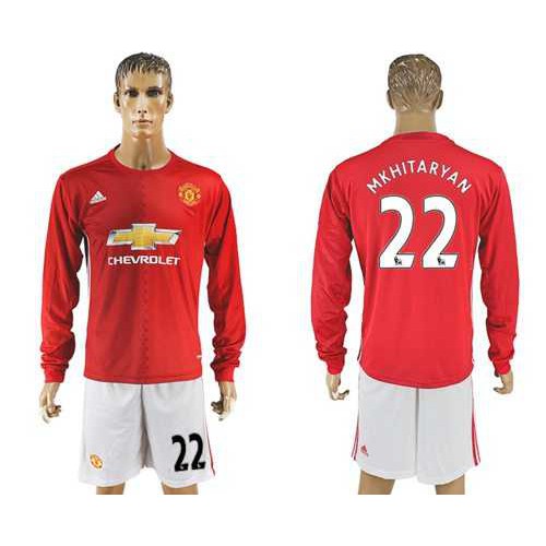 Manchester United #22 Mkhitaryan Red Home Long Sleeves Soccer Club Jersey