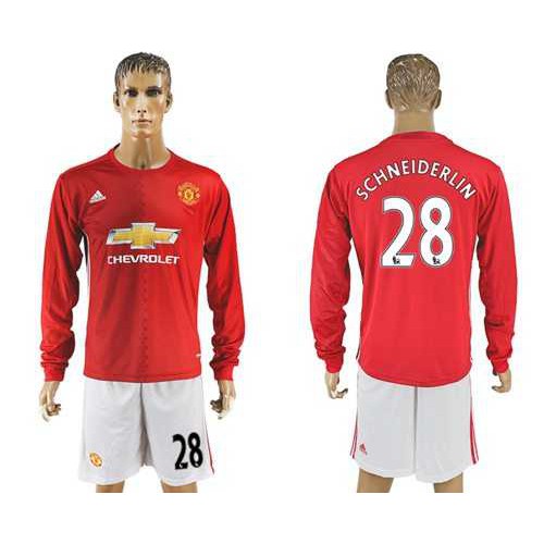Manchester United #28 Schneiderlin Red Home Long Sleeves Soccer Club Jersey