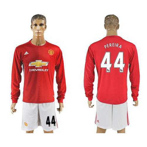 Manchester United #44 Pereira Red Home Long Sleeves Soccer Club Jersey