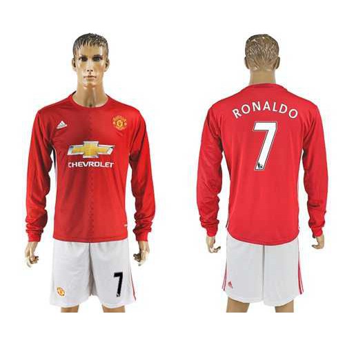 Manchester United #7 Ronaldo Red Home Long Sleeves Soccer Club Jersey