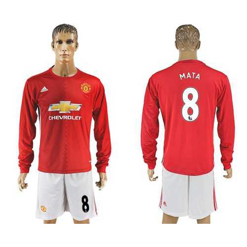Manchester United #8 Mata Red Home Long Sleeves Soccer Club Jersey