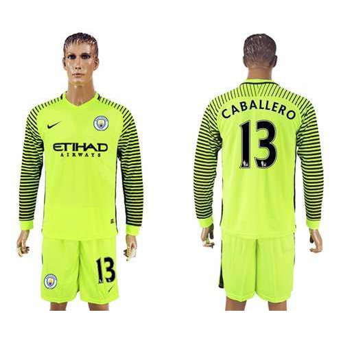 Manchester City #13 Caballero Shiny Green Goalkeeper Long Sleeves Soccer Club Jersey