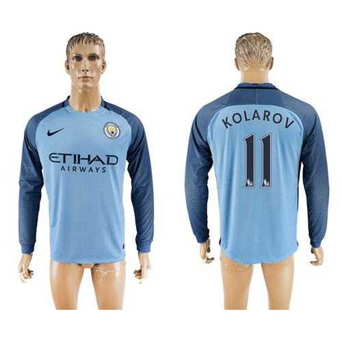 Manchester City #11 Kolarov Home Long Sleeves Soccer Club Jersey