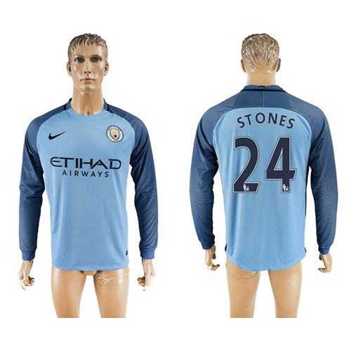 Manchester City #24 Stones Home Long Sleeves Soccer Club Jersey