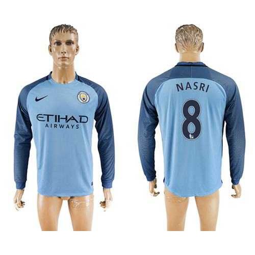 Manchester City #8 Nasri Home Long Sleeves Soccer Club Jersey