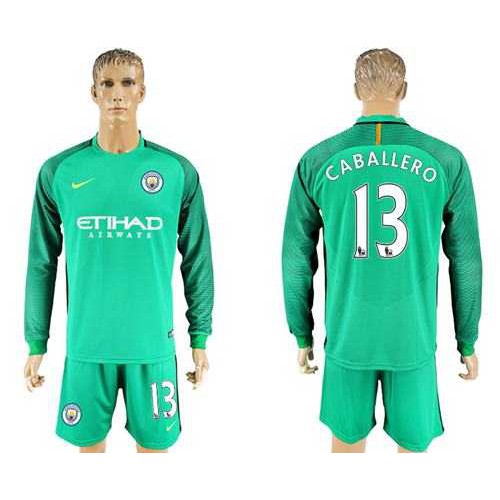 Manchester United #13 Caballero Green Goalkeeper Long Sleeves Soccer Club Jersey