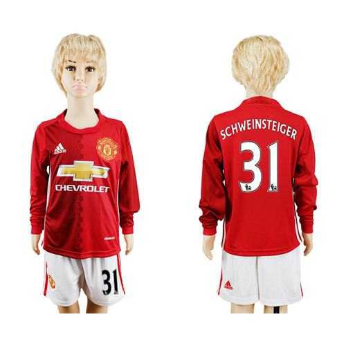 Manchester United #31 Schweinsteiger Home Long Sleeves Kid Soccer Club Jersey