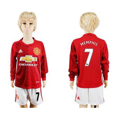 Manchester United #7 Memphis Home Long Sleeves Kid Soccer Club Jersey