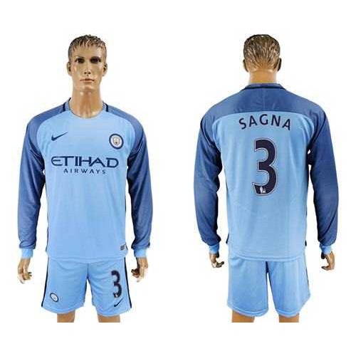 Manchester City #3 Sagna Home Long Sleeves Soccer Club Jersey