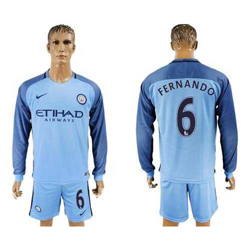 Manchester City #6 Fernando Home Long Sleeves Soccer Club Jersey