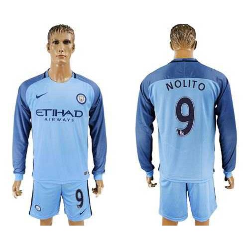 Manchester City #9 Nolito Home Long Sleeves Soccer Club Jersey