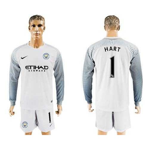Manchester City #1 Hart White Goalkeeper Long Sleeves Soccer Club Jersey