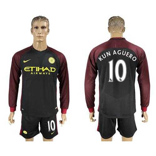 Manchester City #10 Kun Aguero Away Long Sleeves Soccer Club Jersey