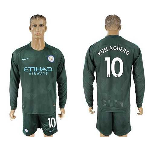 Manchester City #10 Kun Aguero Sec Away Long Sleeves Soccer Club Jersey
