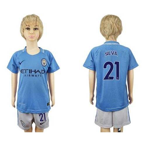 Manchester City #21 Silva Home Kid Soccer Club Jersey