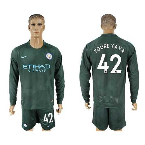 Manchester City #42 Toure Yaya Sec Away Long Sleeves Soccer Club Jersey