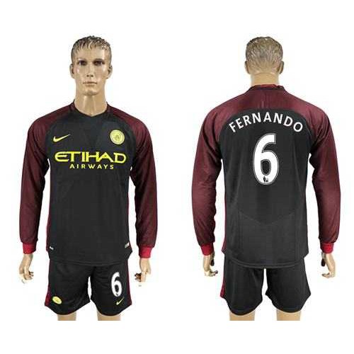 Manchester City #6 Fernando Away Long Sleeves Soccer Club Jersey